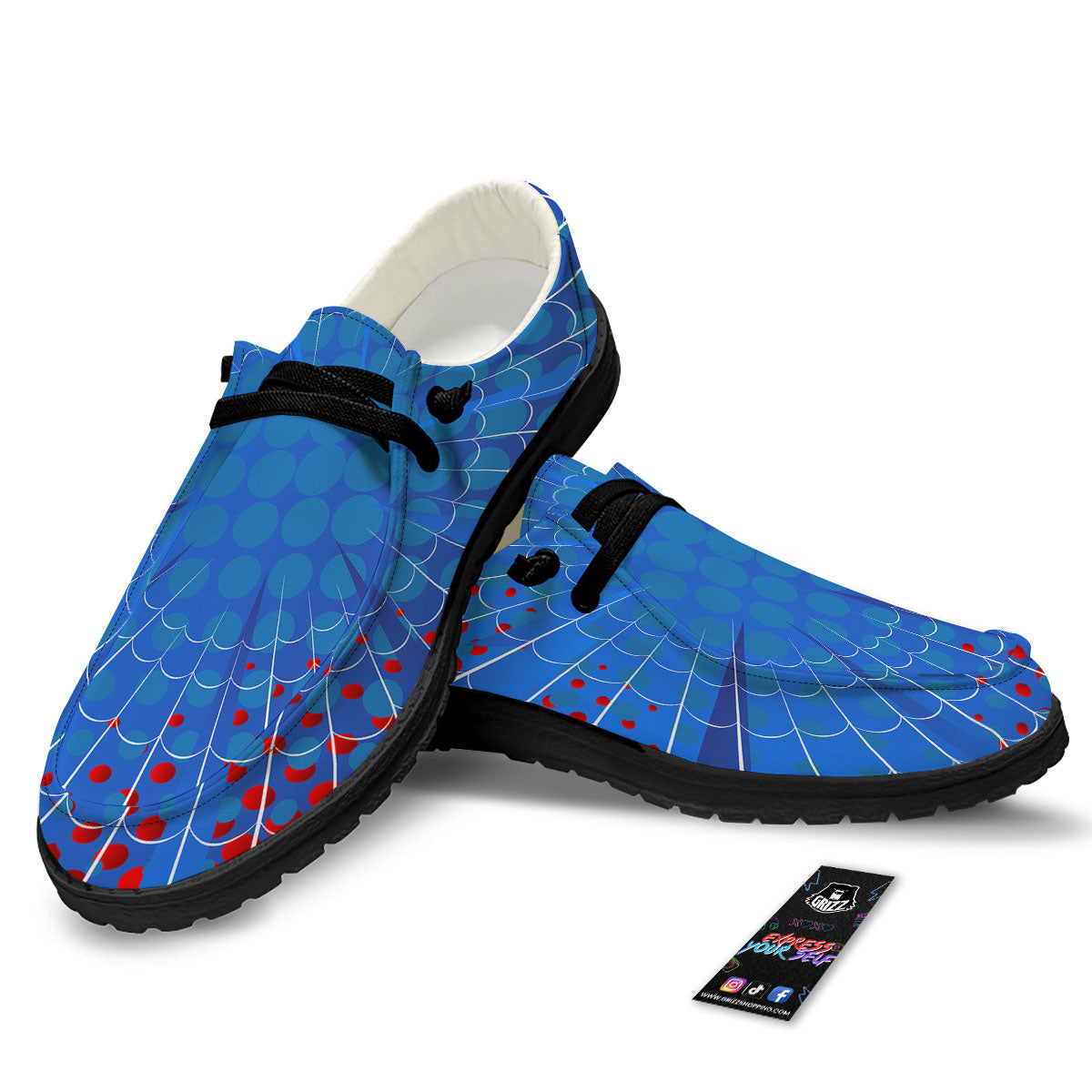 Red And Blue Spider Web Cartoon Print Black Loafers-grizzshop
