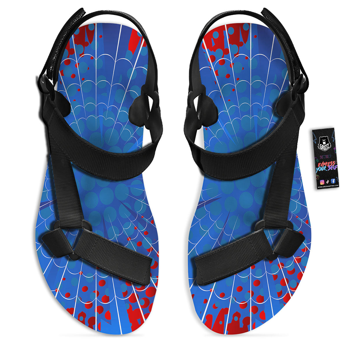 Red And Blue Spider Web Cartoon Print Black Open Toe Sandals-grizzshop