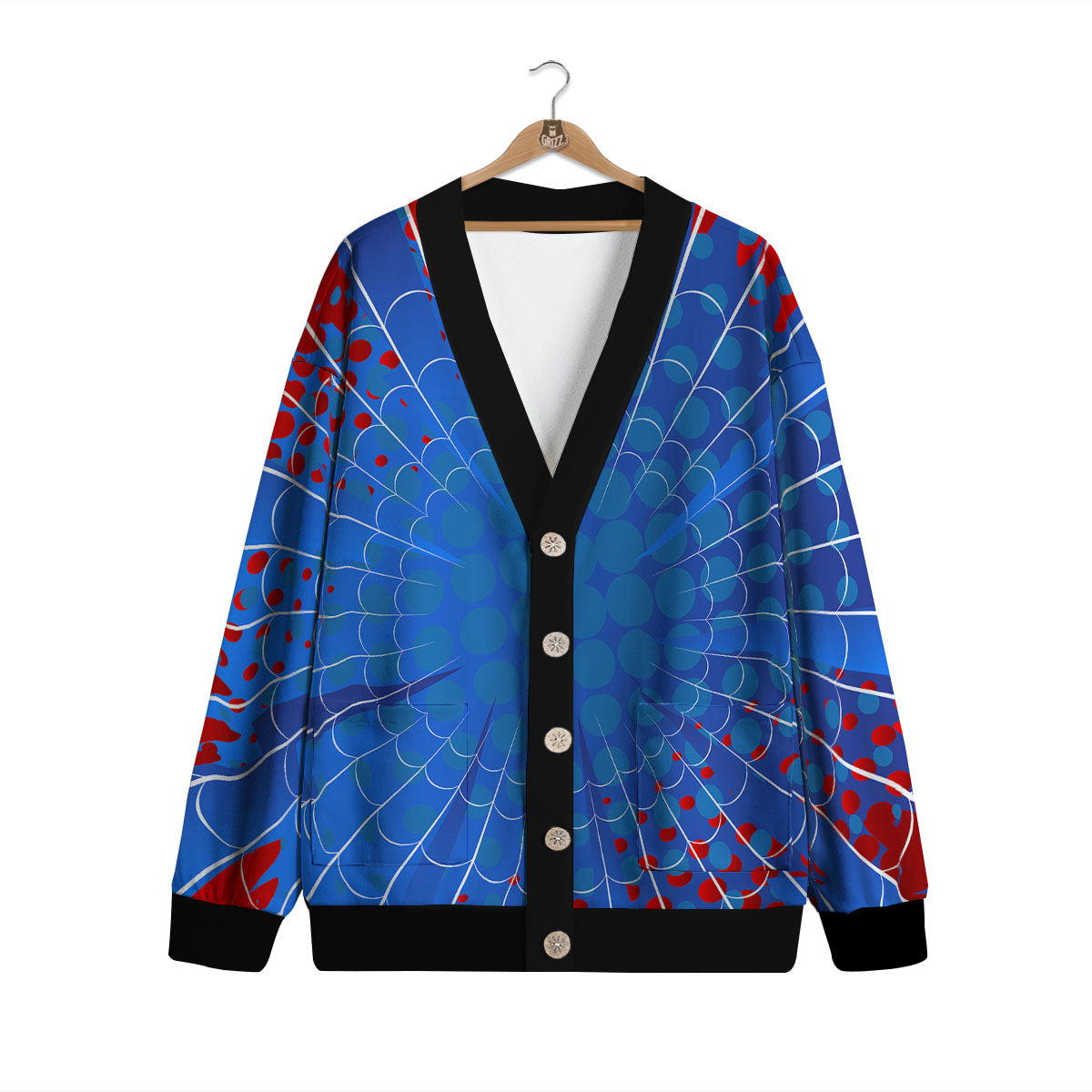 Red And Blue Spider Web Cartoon Print Cardigan-grizzshop
