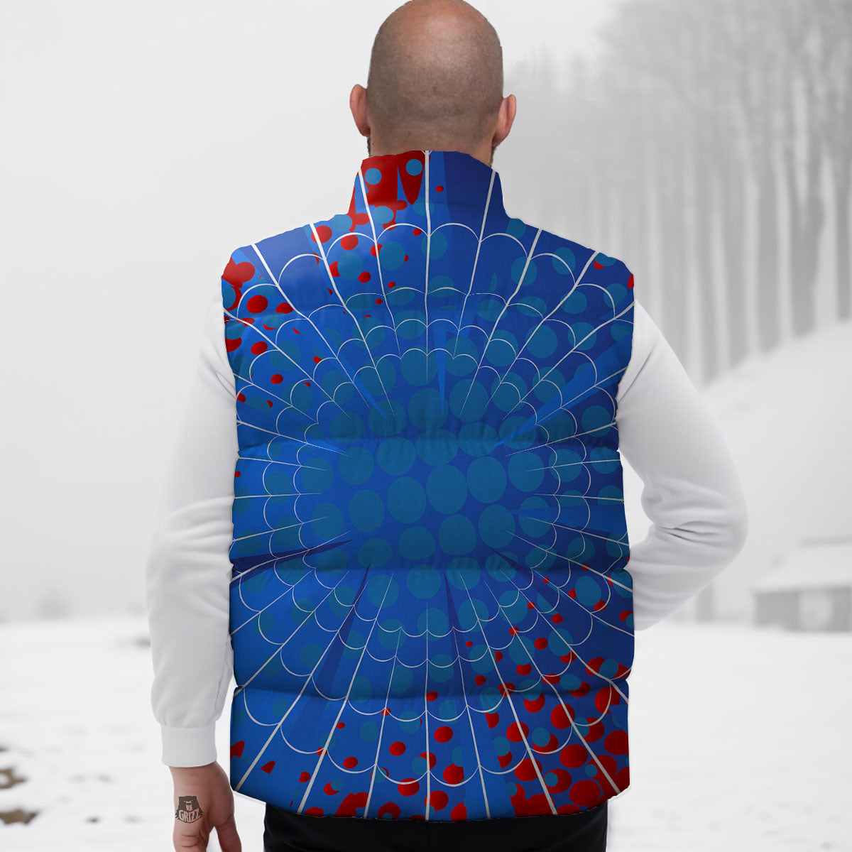 Red And Blue Spider Web Cartoon Print Down Vest