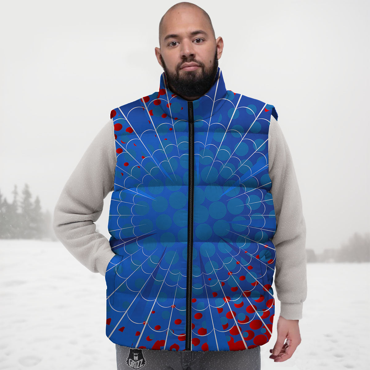 Red And Blue Spider Web Cartoon Print Down Vest