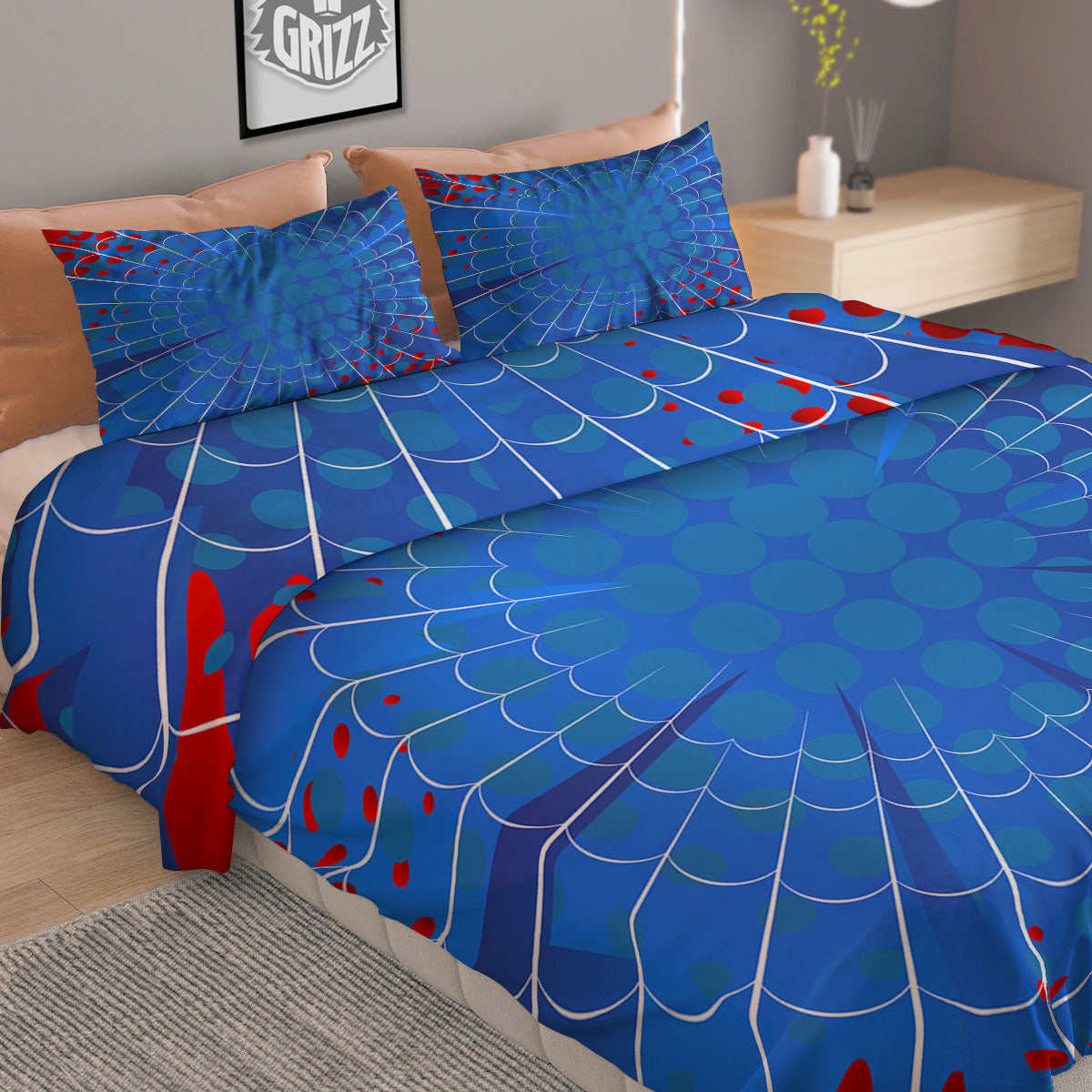 Red And Blue Spider Web Cartoon Print Duvet Cover Bedding Set