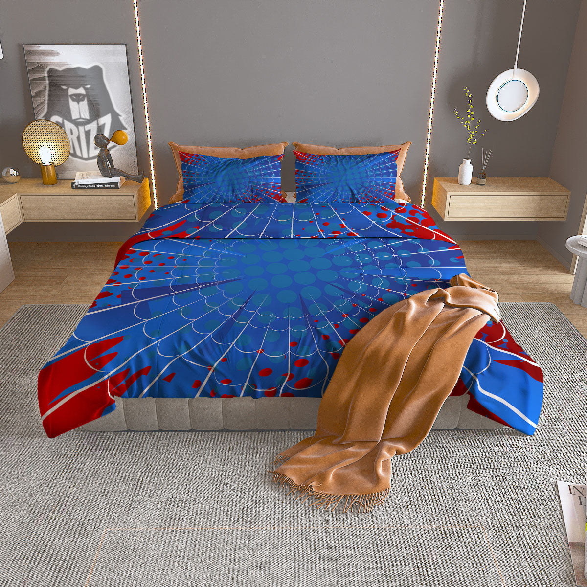 Red And Blue Spider Web Cartoon Print Duvet Cover Bedding Set