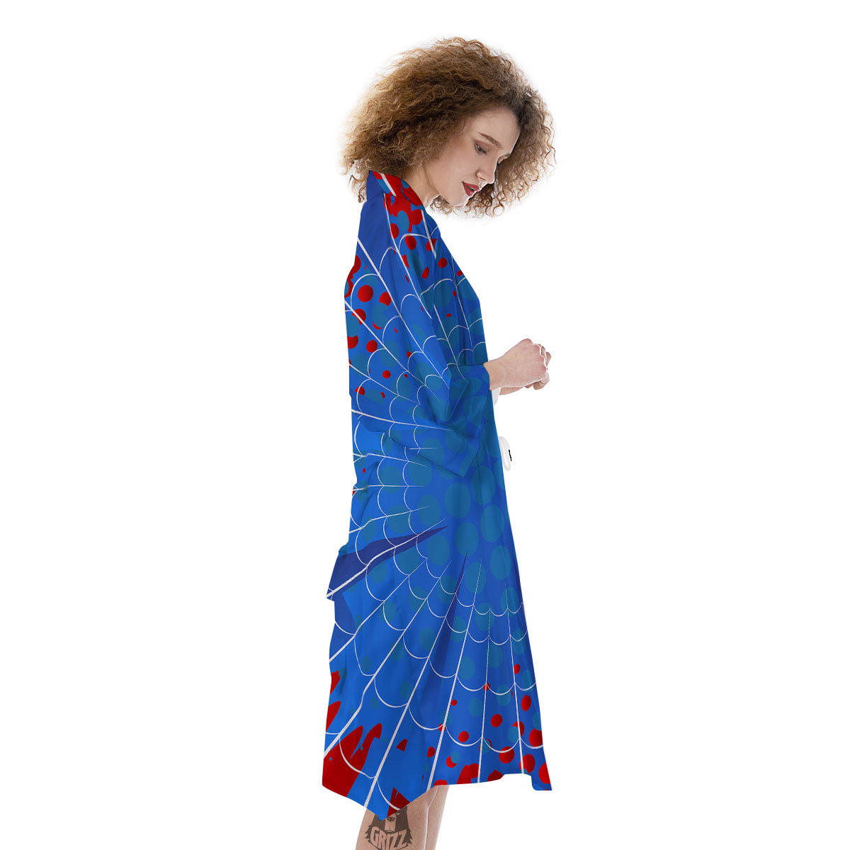 Red And Blue Spider Web Cartoon Print Kimono-grizzshop