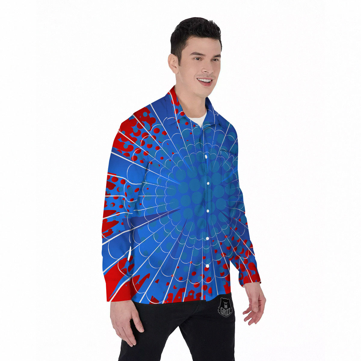 Red And Blue Spider Web Cartoon Print Men's Long Sleeve Shirts-grizzshop