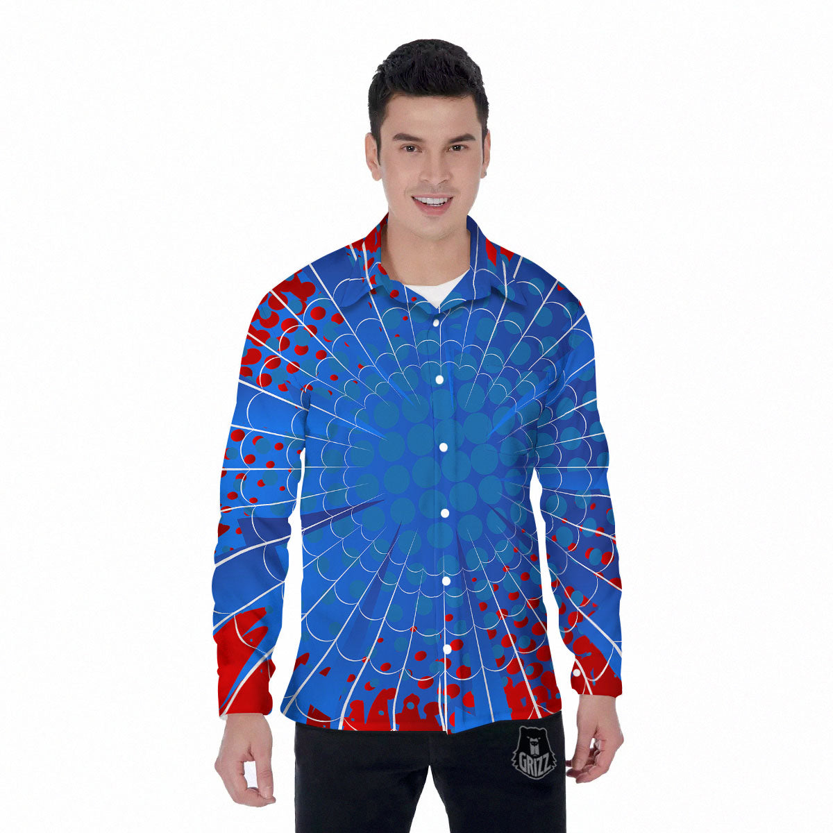 Red And Blue Spider Web Cartoon Print Men's Long Sleeve Shirts-grizzshop