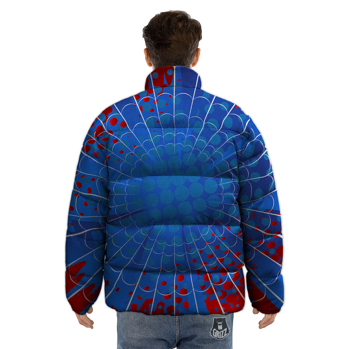 Red And Blue Spider Web Cartoon Print Puffer Jacket-grizzshop