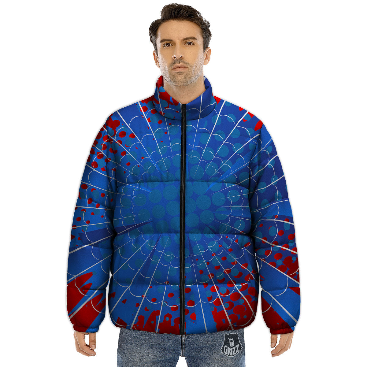 Red And Blue Spider Web Cartoon Print Puffer Jacket-grizzshop