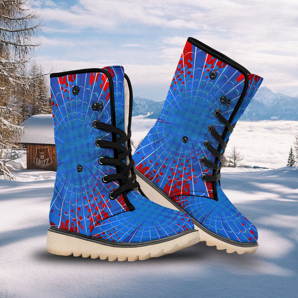 Red And Blue Spider Web Cartoon Print Snow Boots-grizzshop