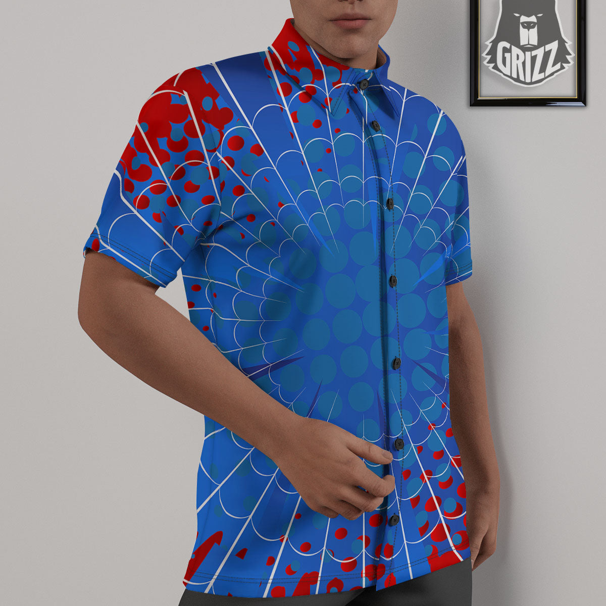 Red And Blue Spider Web Cartoon Print Untucked Shirts-grizzshop
