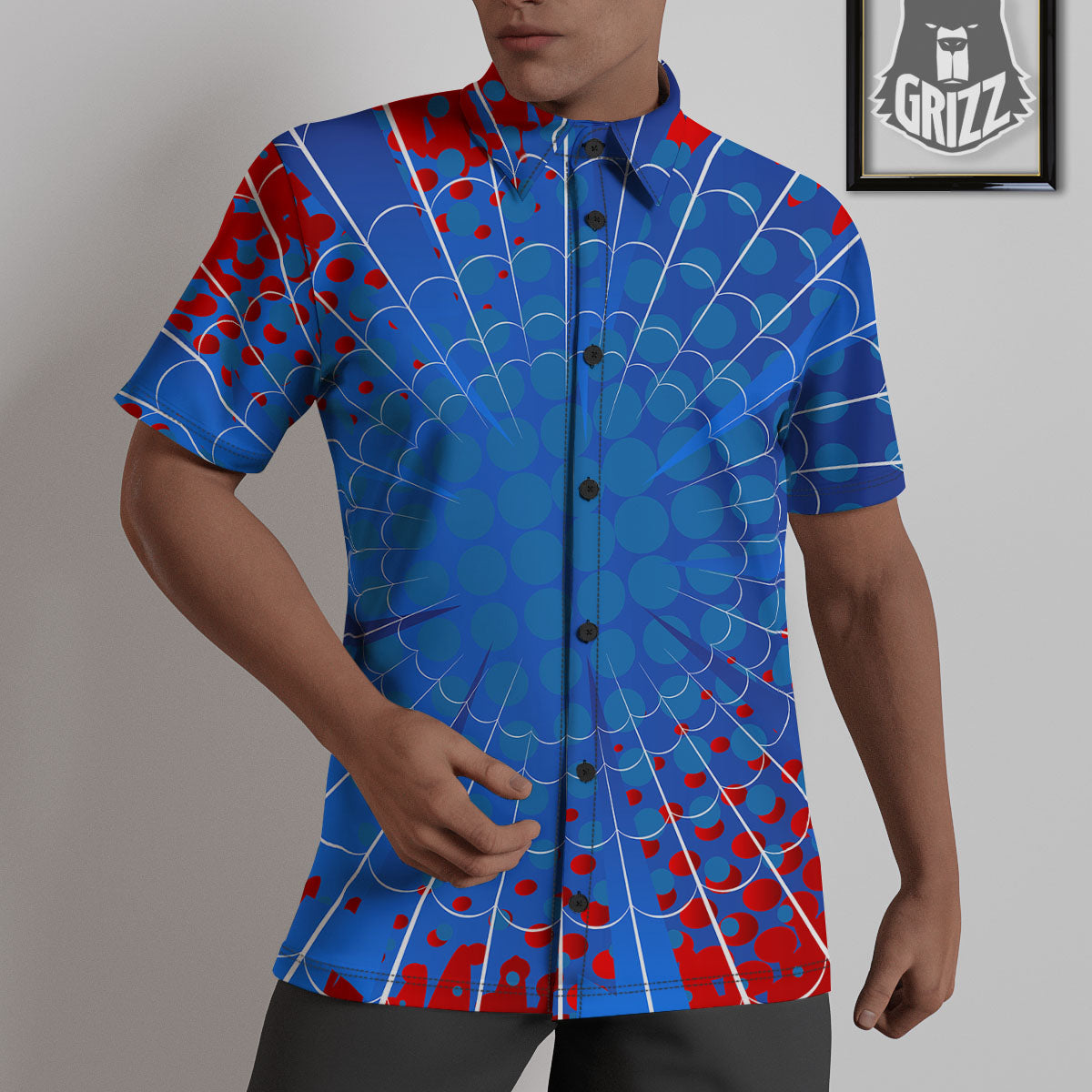 Red And Blue Spider Web Cartoon Print Untucked Shirts-grizzshop