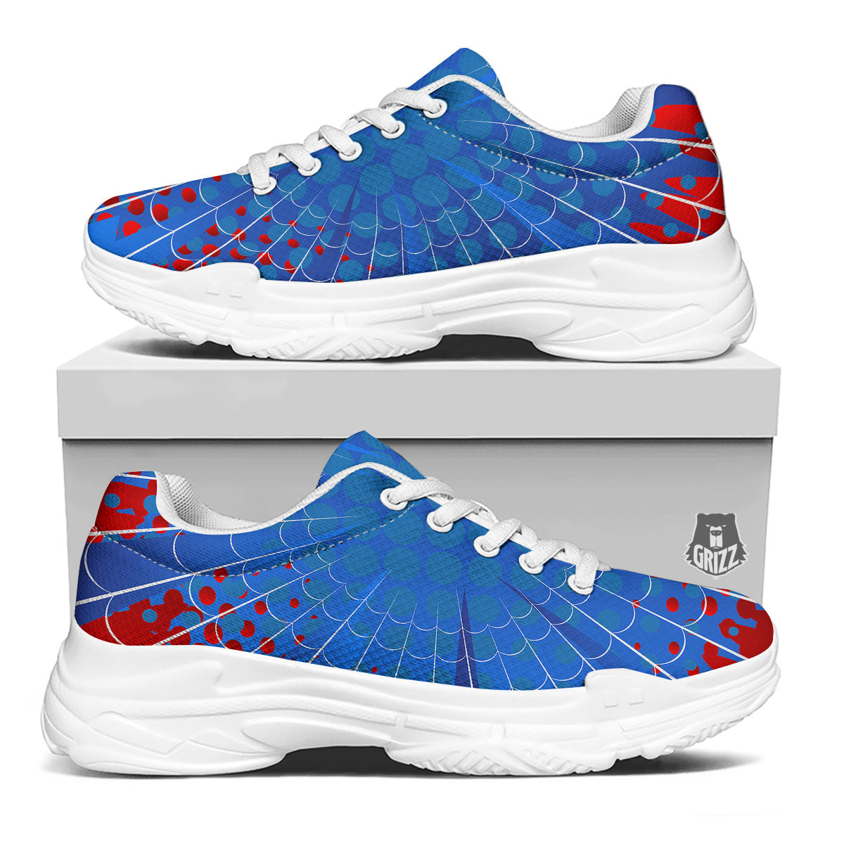 Red And Blue Spider Web Cartoon Print White Chunky Shoes-grizzshop