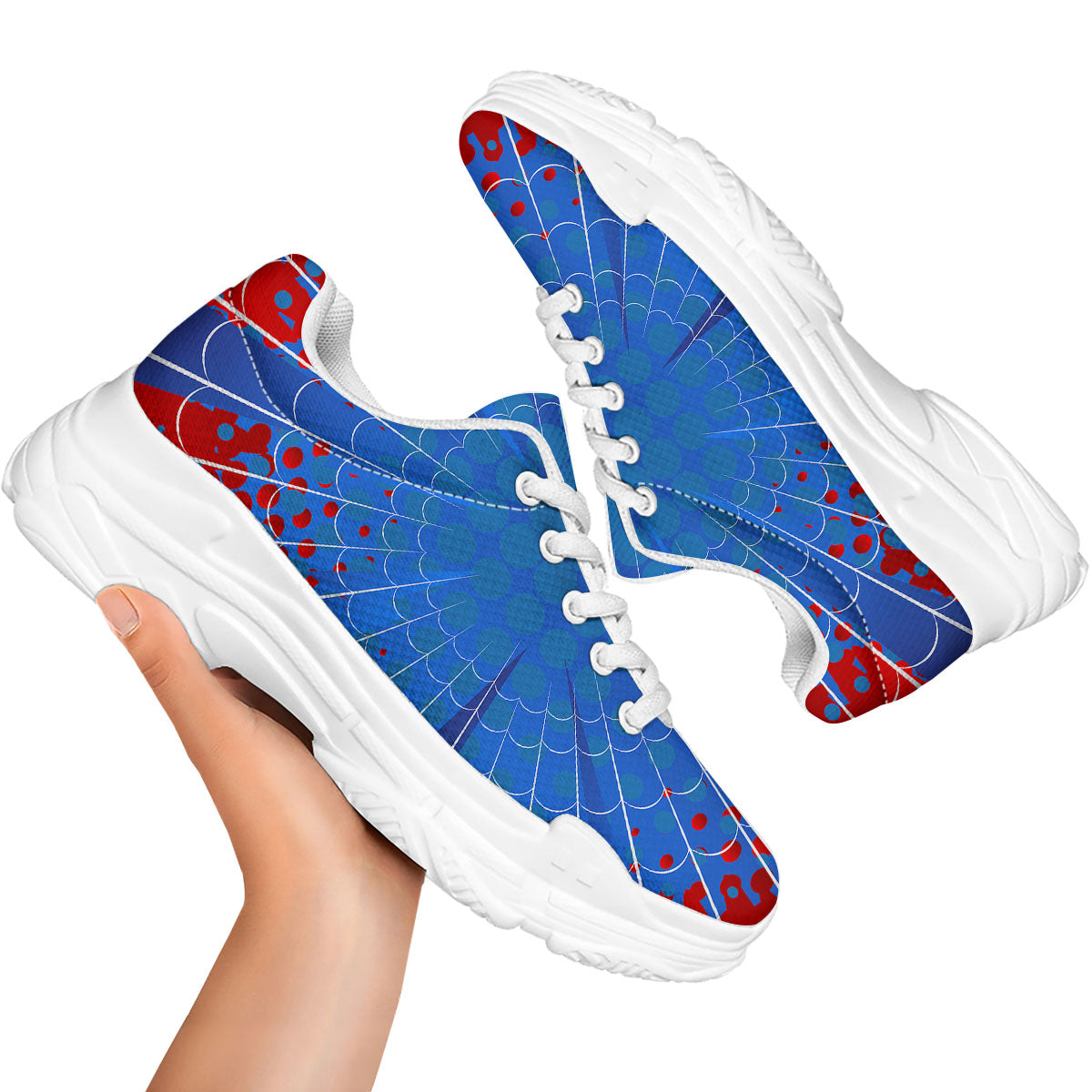 Red And Blue Spider Web Cartoon Print White Chunky Shoes-grizzshop