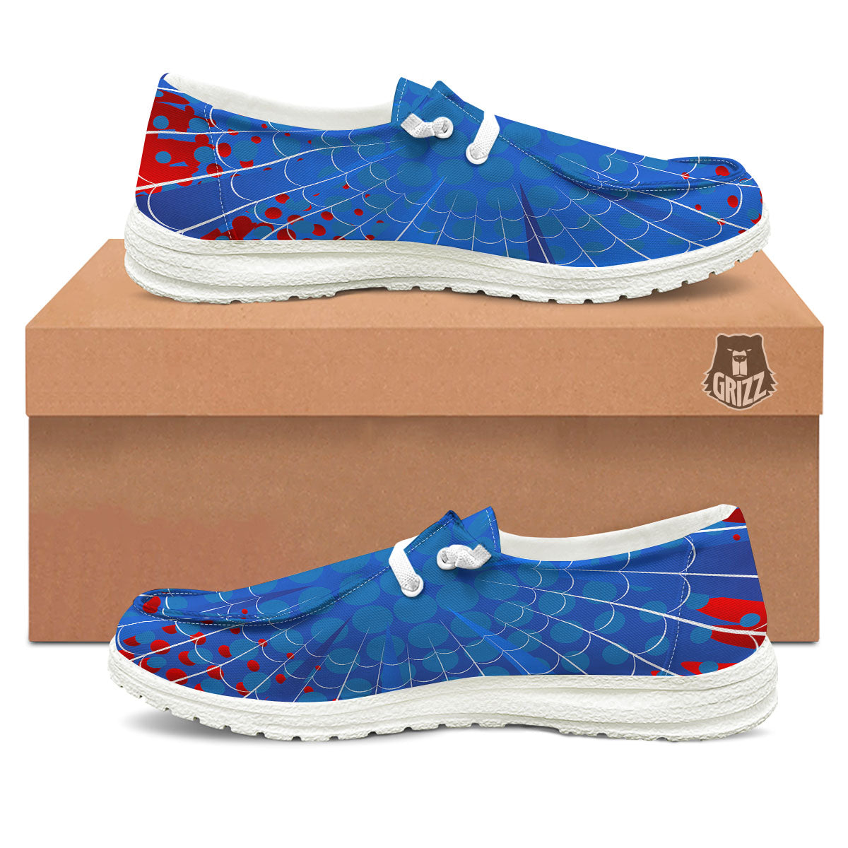 Red And Blue Spider Web Cartoon Print White Loafers-grizzshop