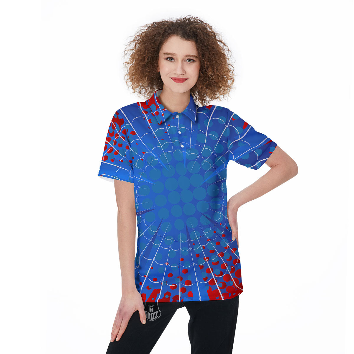 Red And Blue Spider Web Cartoon Print Women's Golf Shirts-grizzshop
