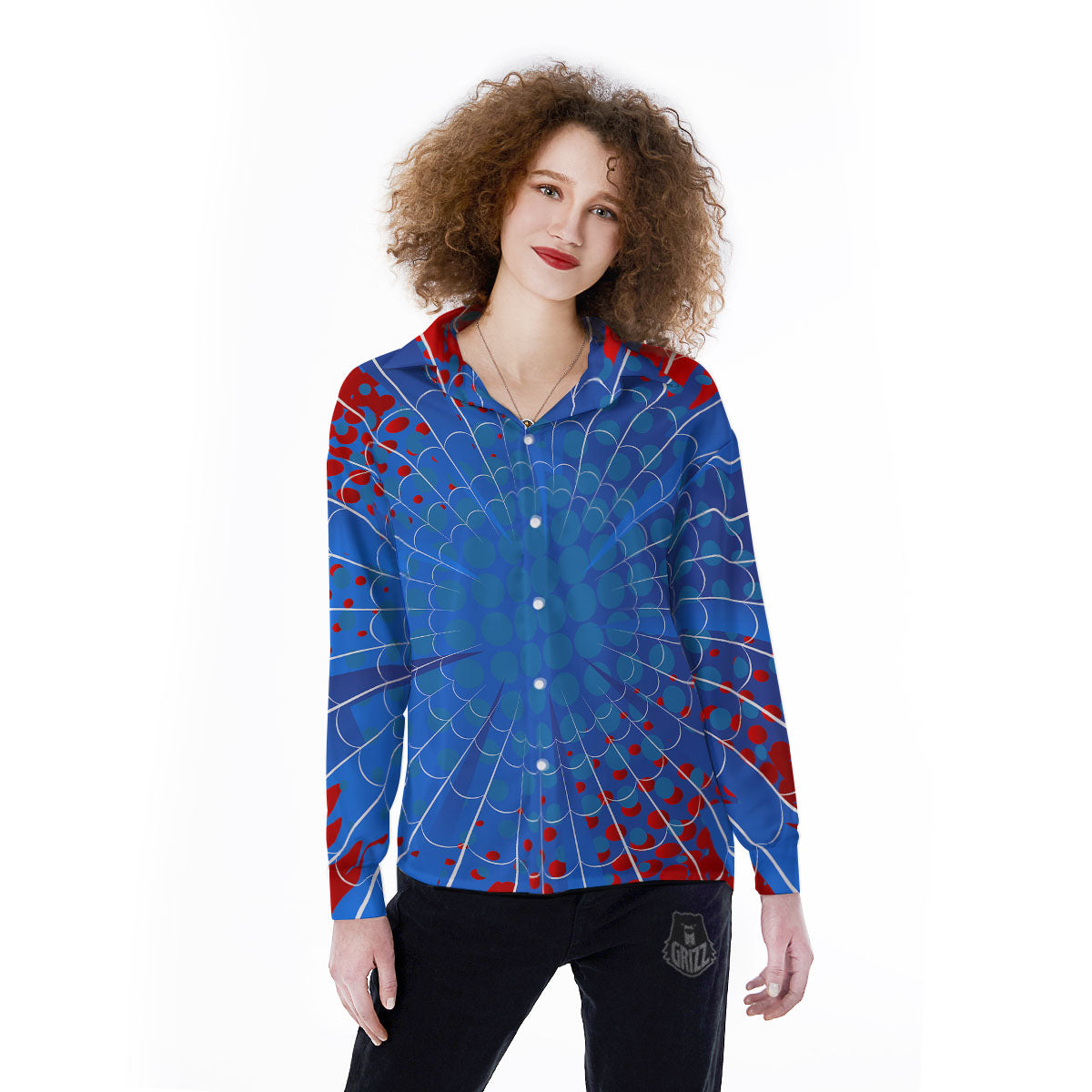 Red And Blue Spider Web Cartoon Print Women's Long Sleeve Shirts-grizzshop