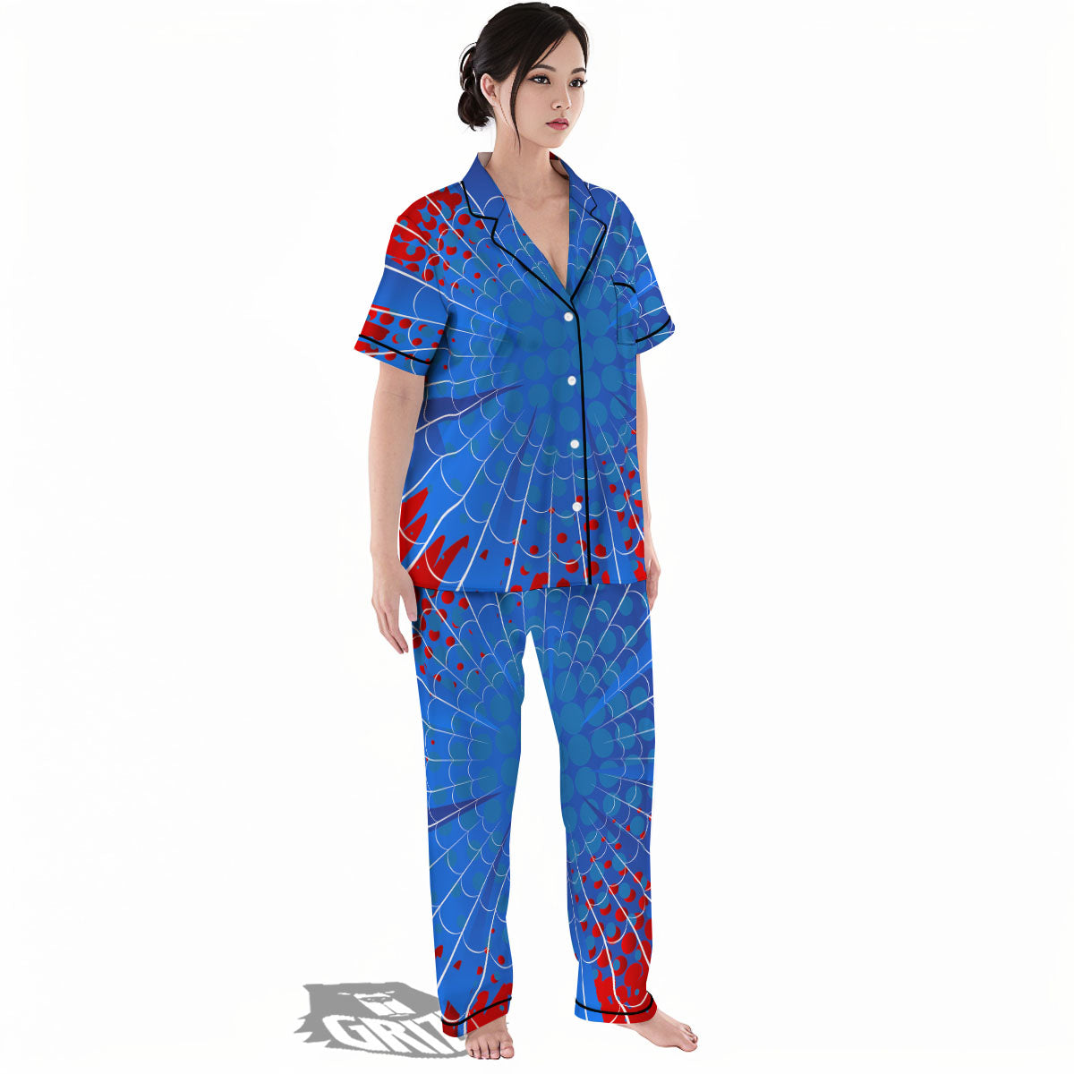 Red And Blue Spider Web Cartoon Print Women's Pajamas Set-grizzshop