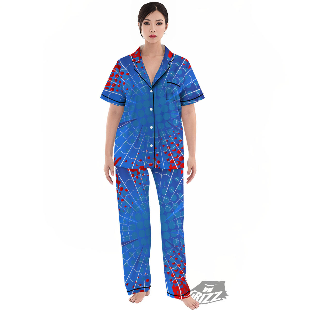 Red And Blue Spider Web Cartoon Print Women's Pajamas Set-grizzshop