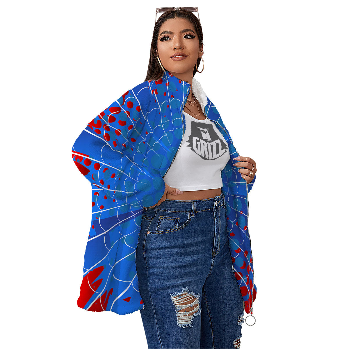 Red And Blue Spider Web Cartoon Print Women's Sherpa Jacket-grizzshop