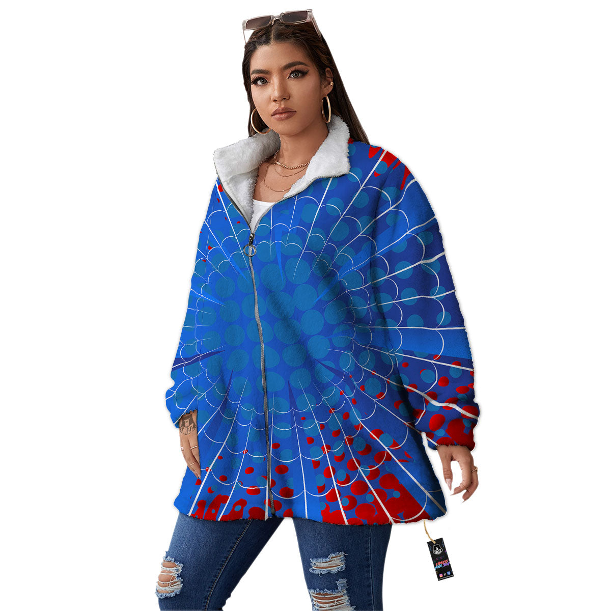 Red And Blue Spider Web Cartoon Print Women's Sherpa Jacket-grizzshop