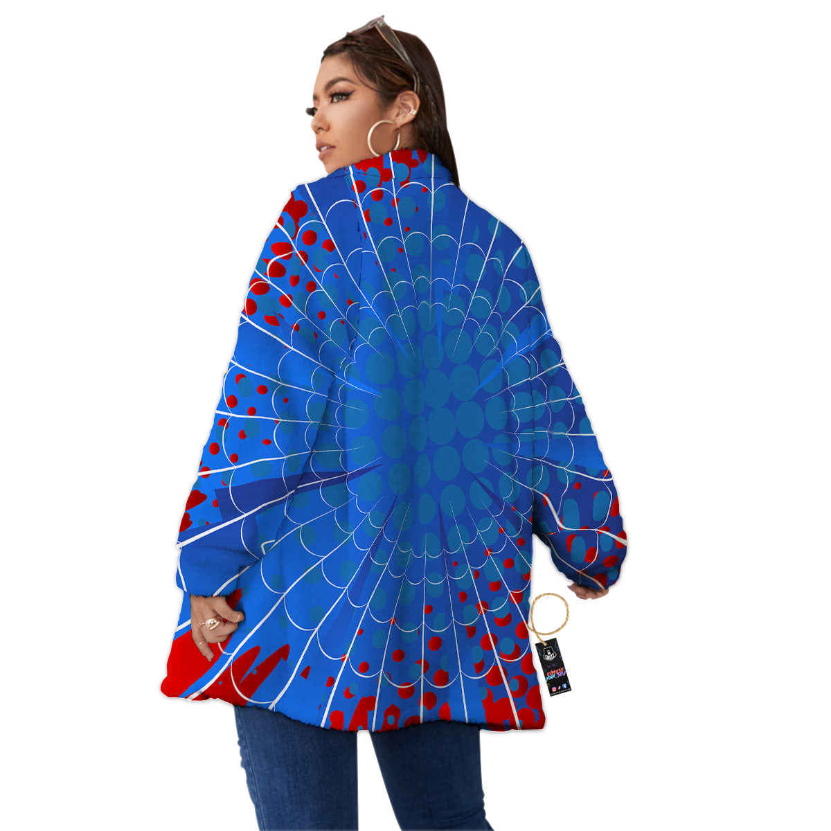 Red And Blue Spider Web Cartoon Print Women's Sherpa Jacket-grizzshop