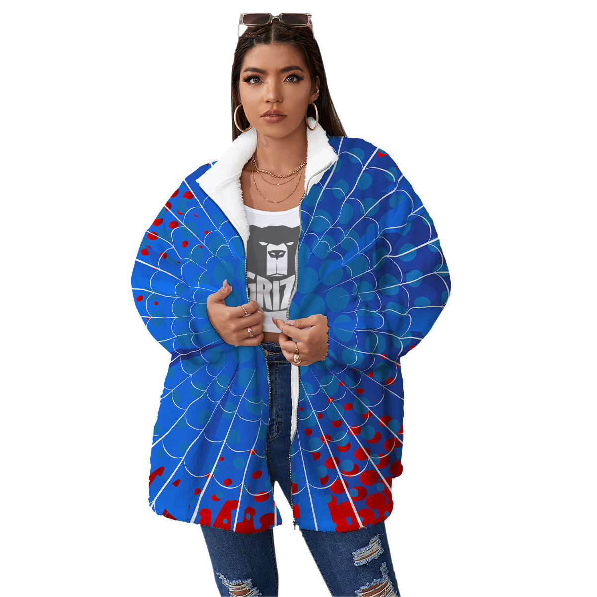 Red And Blue Spider Web Cartoon Print Women's Sherpa Jacket-grizzshop