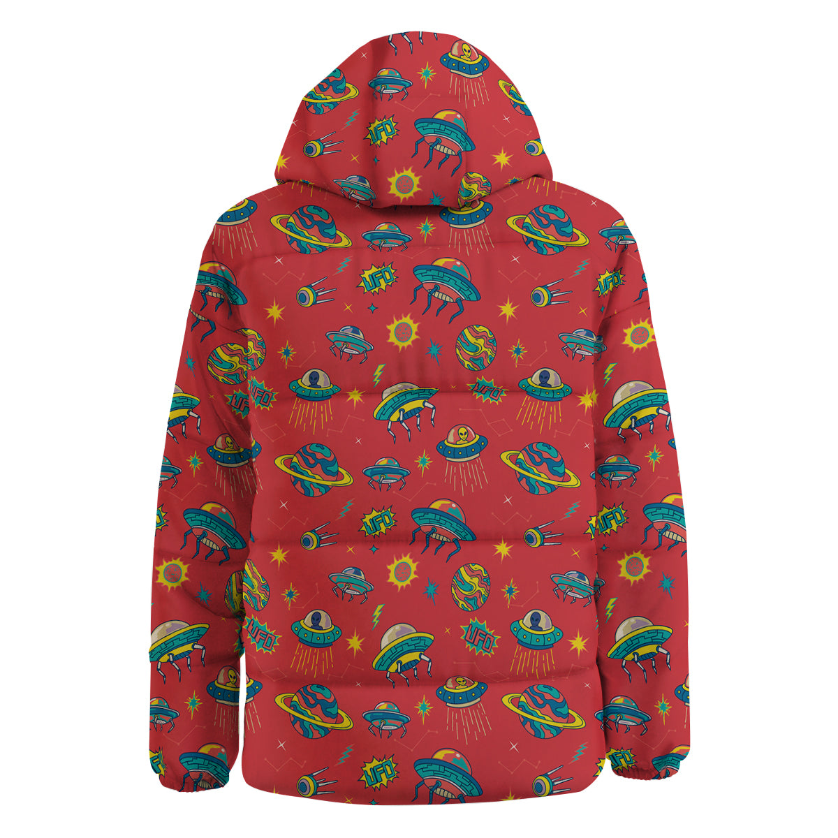 Red And Colorful UFO Print Pattern Down Jacket-grizzshop