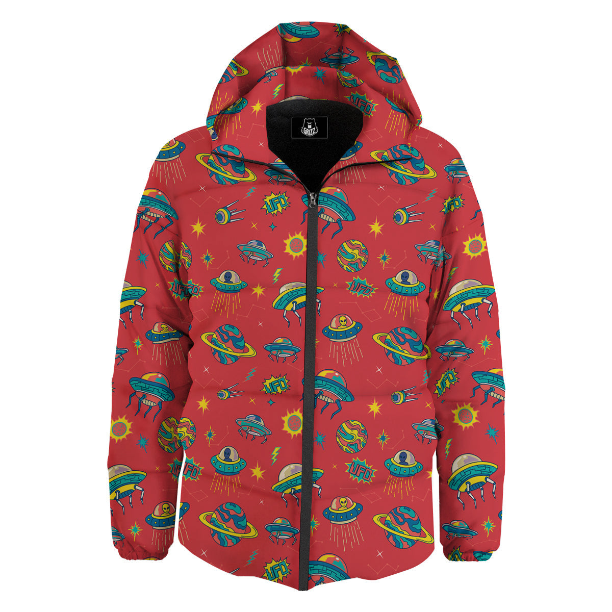 Red And Colorful UFO Print Pattern Down Jacket-grizzshop