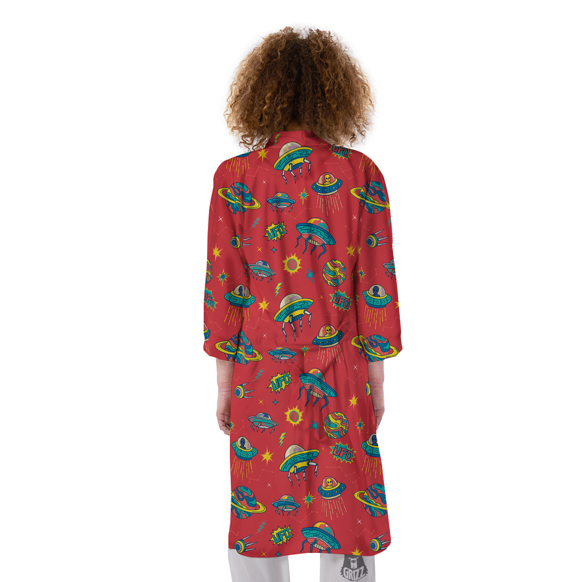 Red And Colorful UFO Print Pattern Kimono-grizzshop