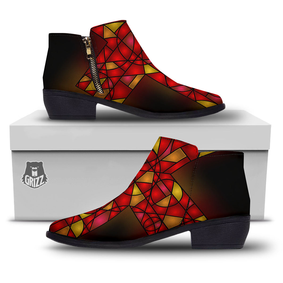 Red And Orange Cross Stained Glass Print Ankle Boots-grizzshop
