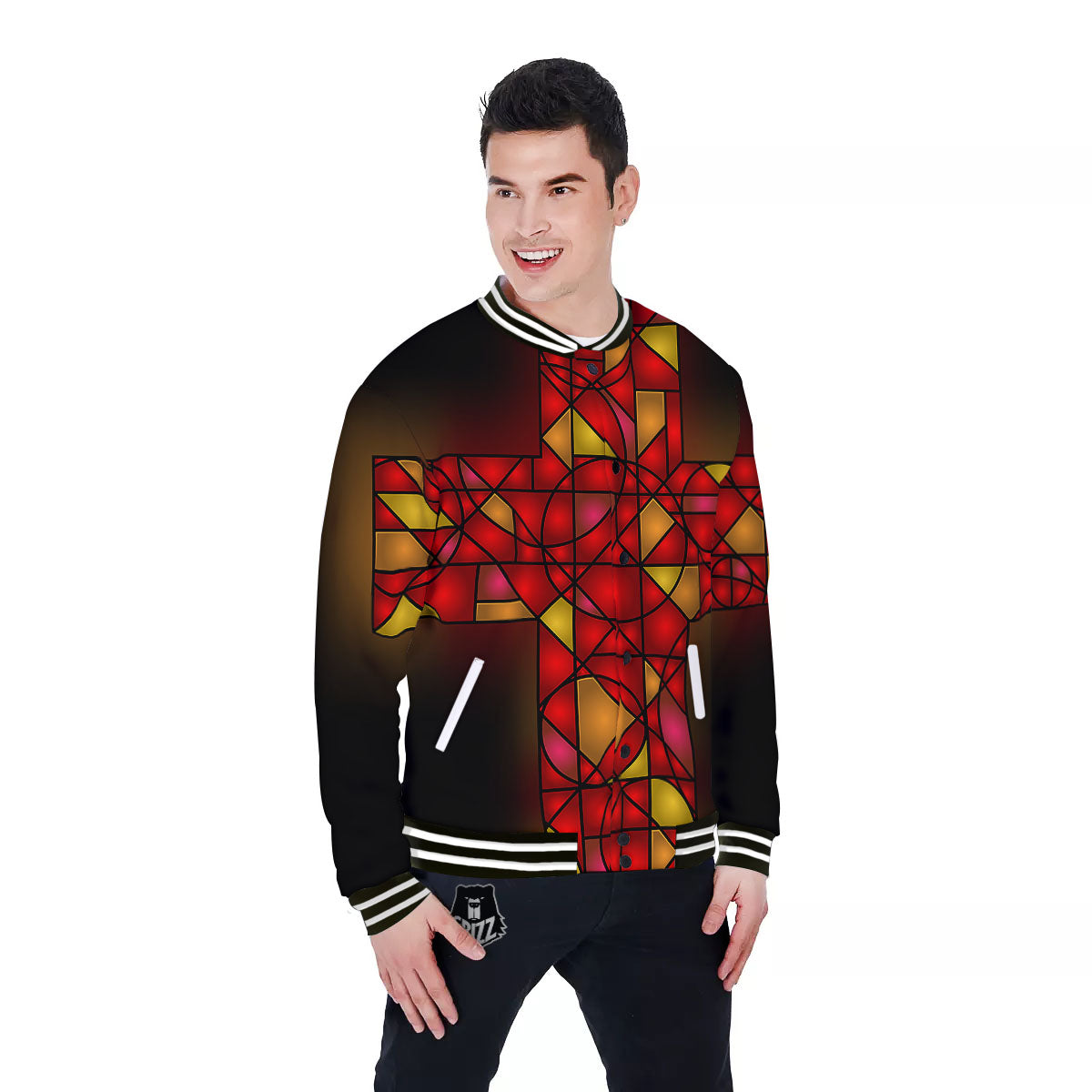 Red And Orange Cross Stained Glass Print Baseball Jacket-grizzshop