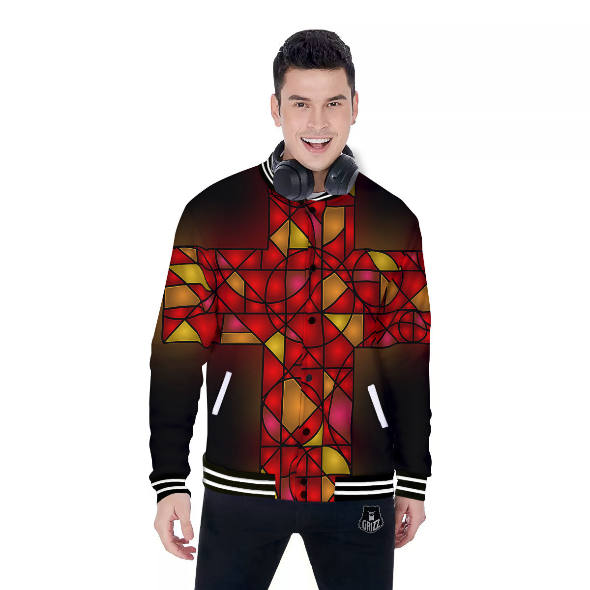 Red And Orange Cross Stained Glass Print Baseball Jacket-grizzshop