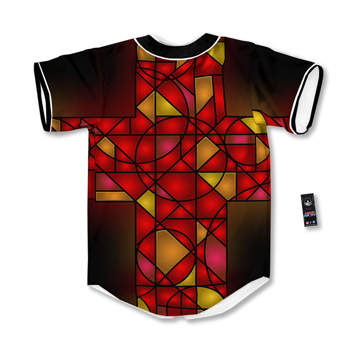 Red And Orange Cross Stained Glass Print Baseball Jersey-grizzshop