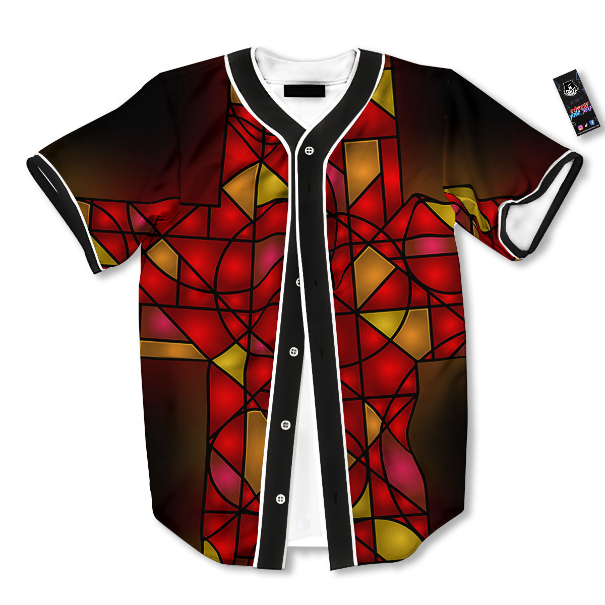 Red And Orange Cross Stained Glass Print Baseball Jersey-grizzshop