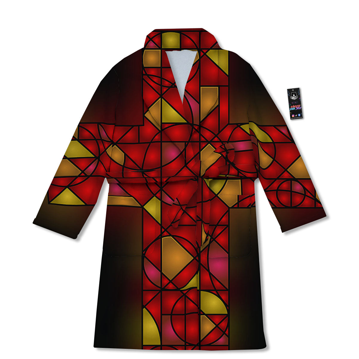Red And Orange Cross Stained Glass Print Bathrobe-grizzshop