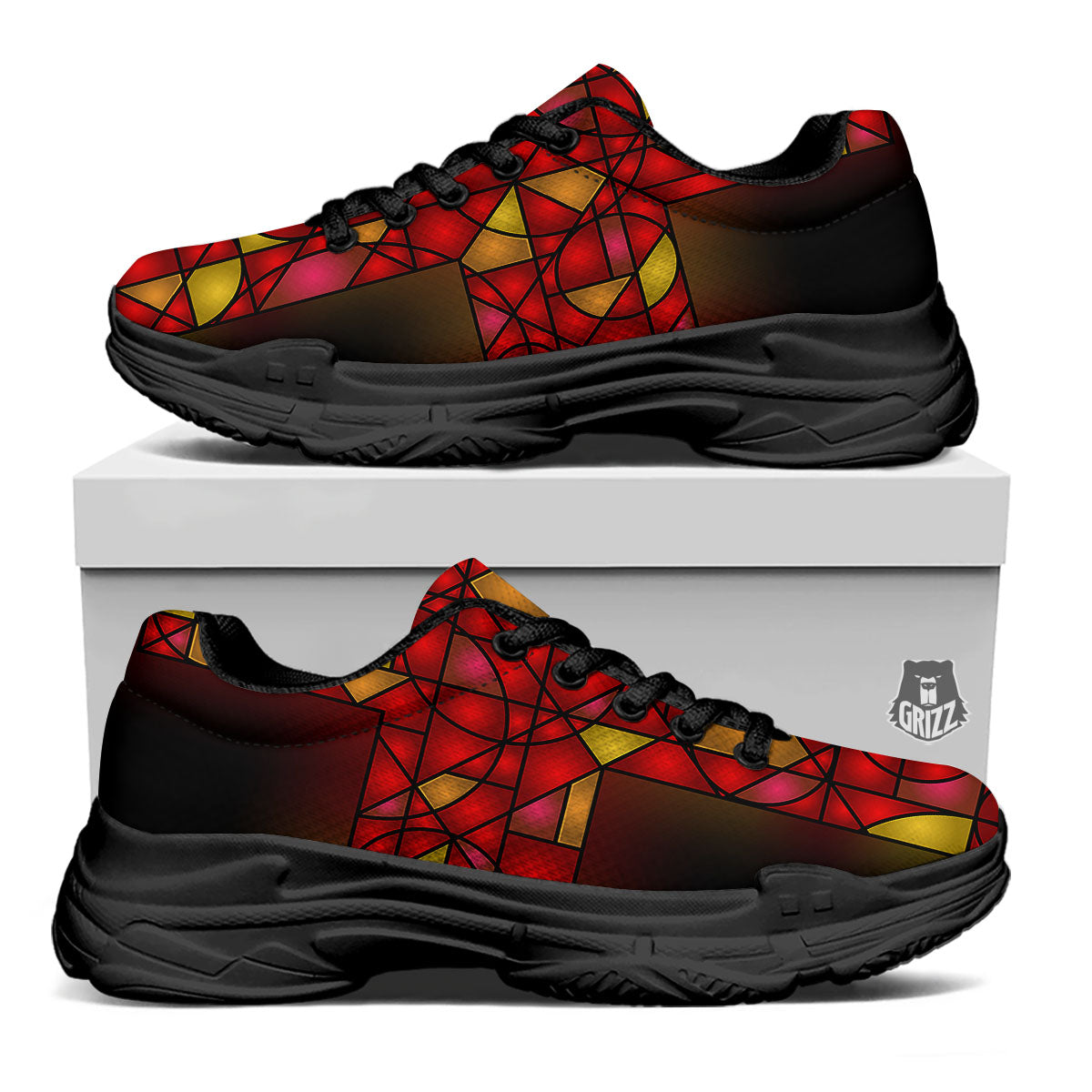 Red And Orange Cross Stained Glass Print Black Chunky Shoes-grizzshop
