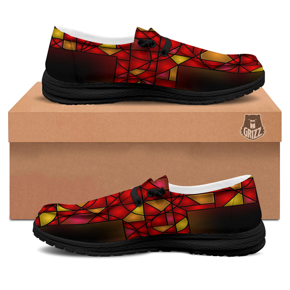 Red And Orange Cross Stained Glass Print Black Loafers-grizzshop
