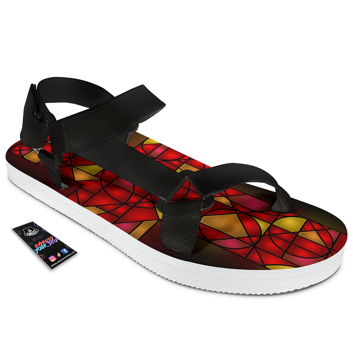 Red And Orange Cross Stained Glass Print Black Open Toe Sandals-grizzshop
