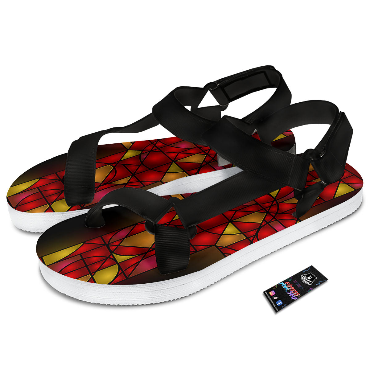 Red And Orange Cross Stained Glass Print Black Open Toe Sandals-grizzshop
