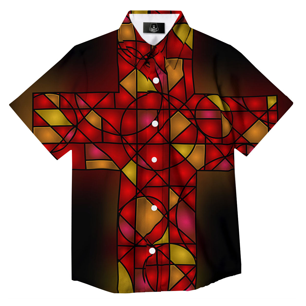Red And Orange Cross Stained Glass Print Button Up Shirt-grizzshop