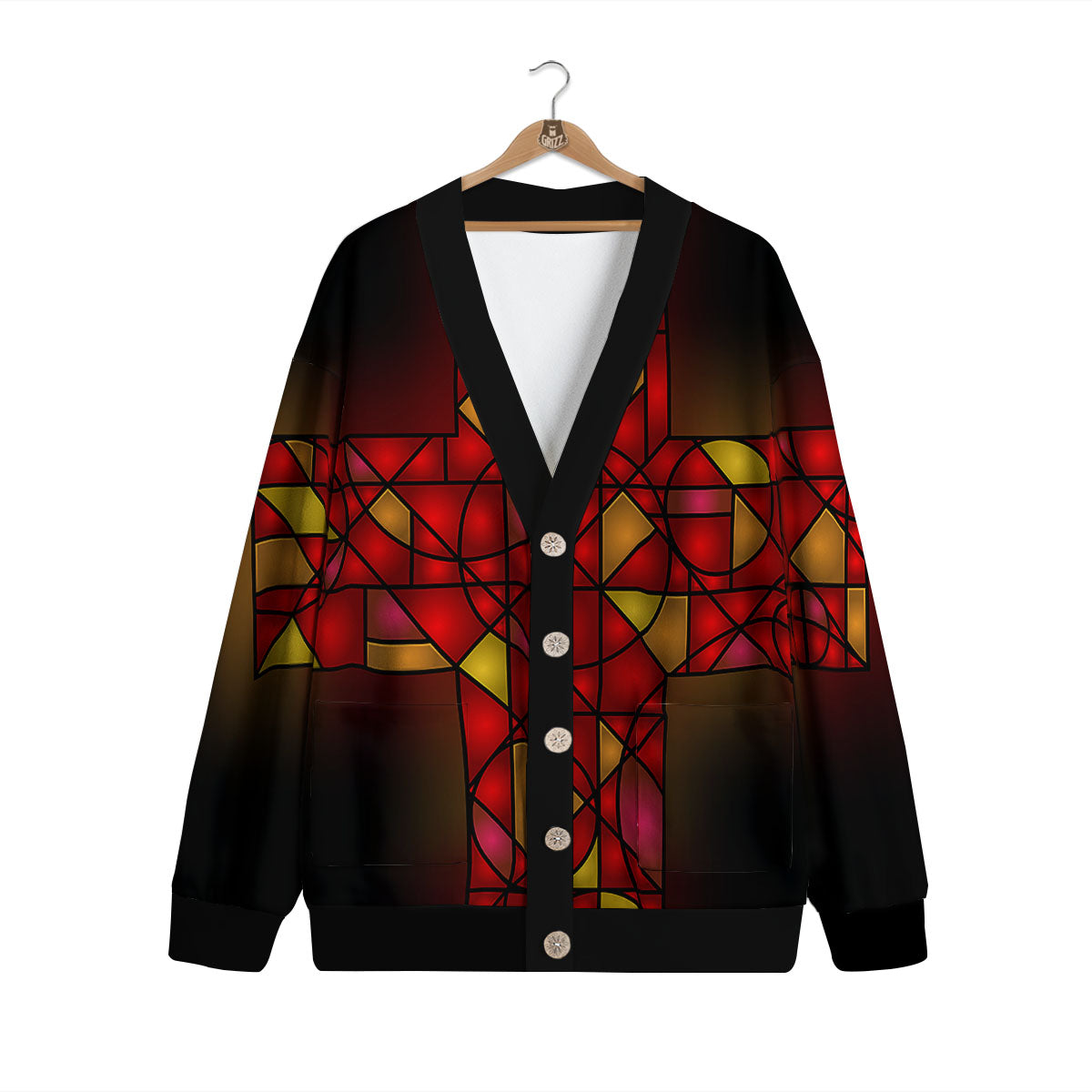 Red And Orange Cross Stained Glass Print Cardigan-grizzshop