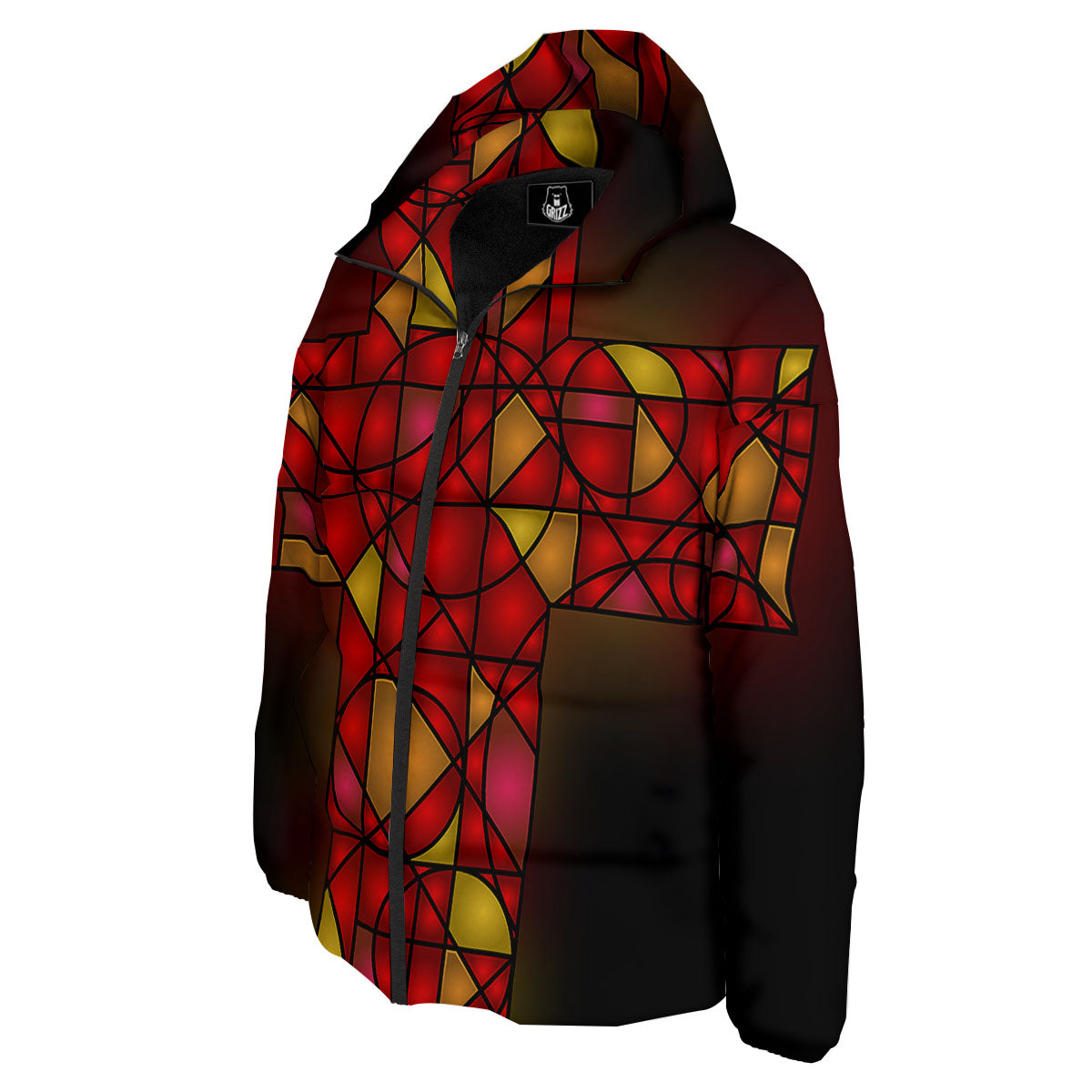Red And Orange Cross Stained Glass Print Down Jacket-grizzshop
