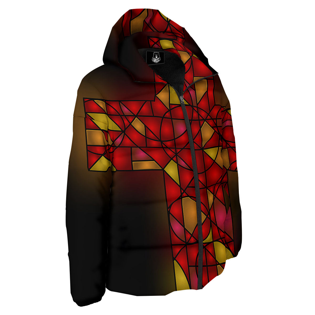 Red And Orange Cross Stained Glass Print Down Jacket-grizzshop