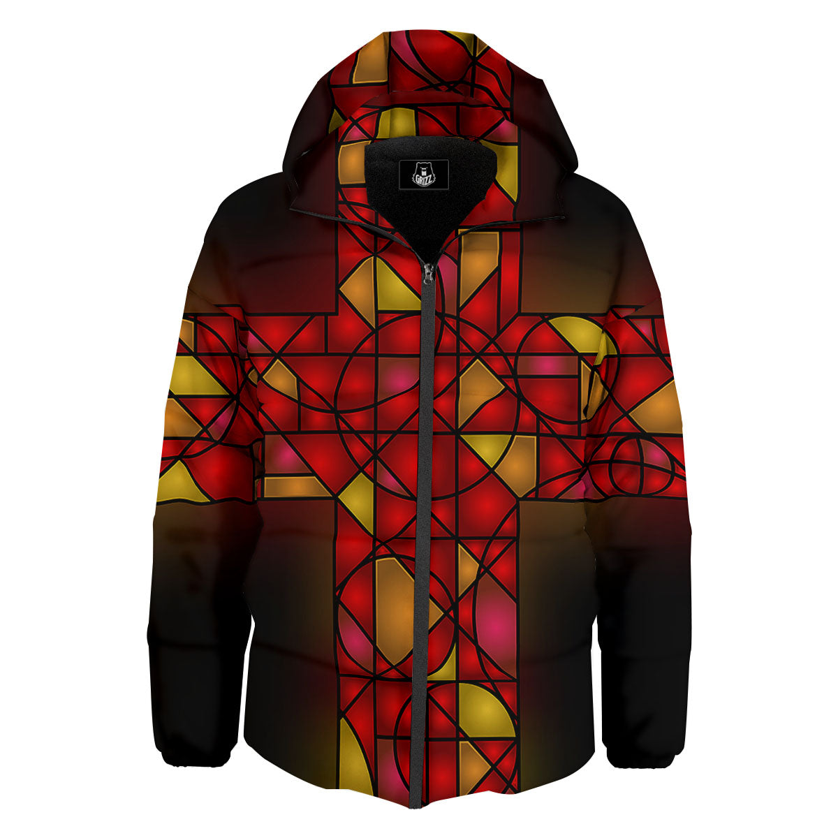 Red And Orange Cross Stained Glass Print Down Jacket-grizzshop