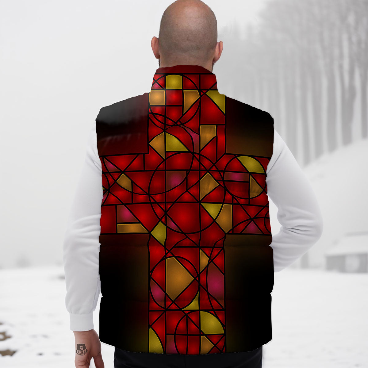 Red And Orange Cross Stained Glass Print Down Vest