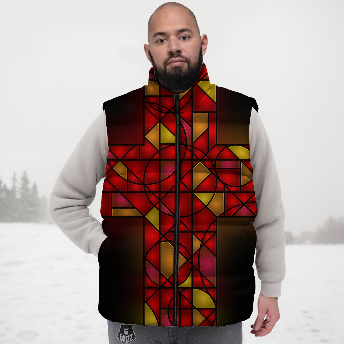 Red And Orange Cross Stained Glass Print Down Vest