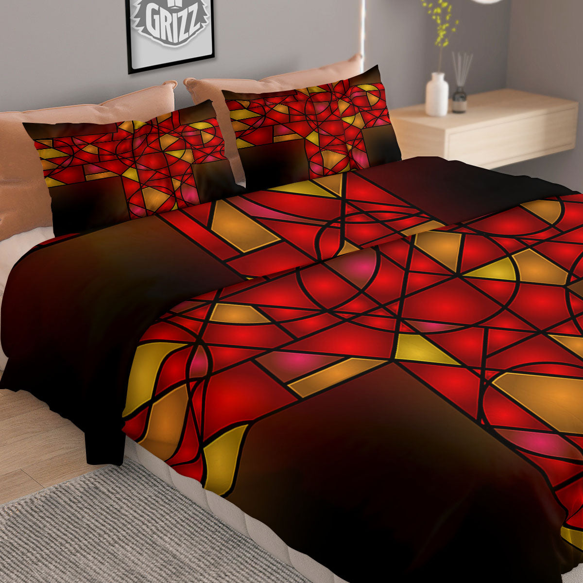 Red And Orange Cross Stained Glass Print Duvet Cover Bedding Set