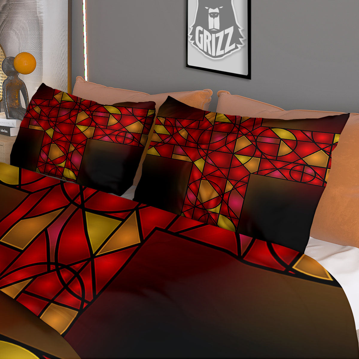 Red And Orange Cross Stained Glass Print Duvet Cover Bedding Set