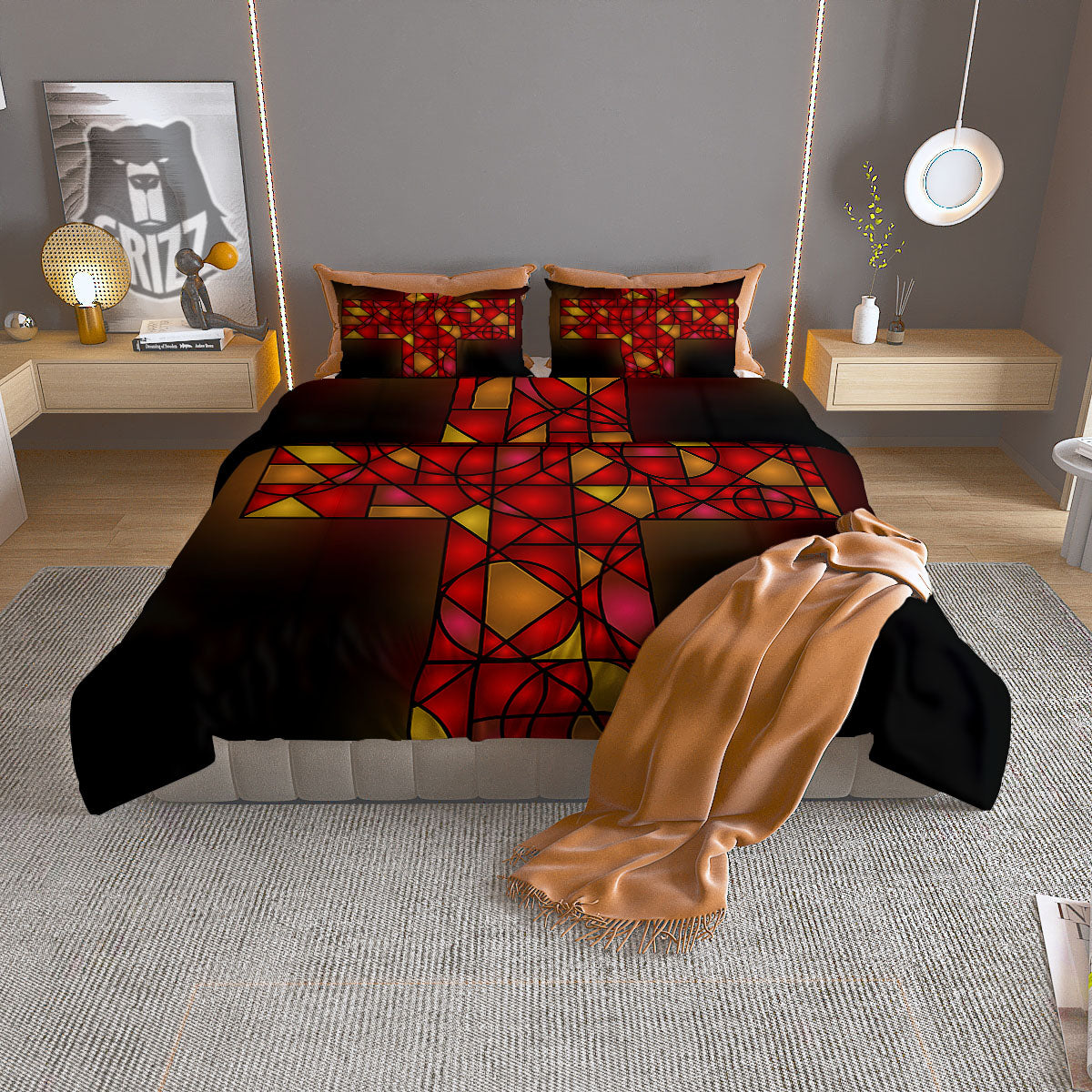 Red And Orange Cross Stained Glass Print Duvet Cover Bedding Set