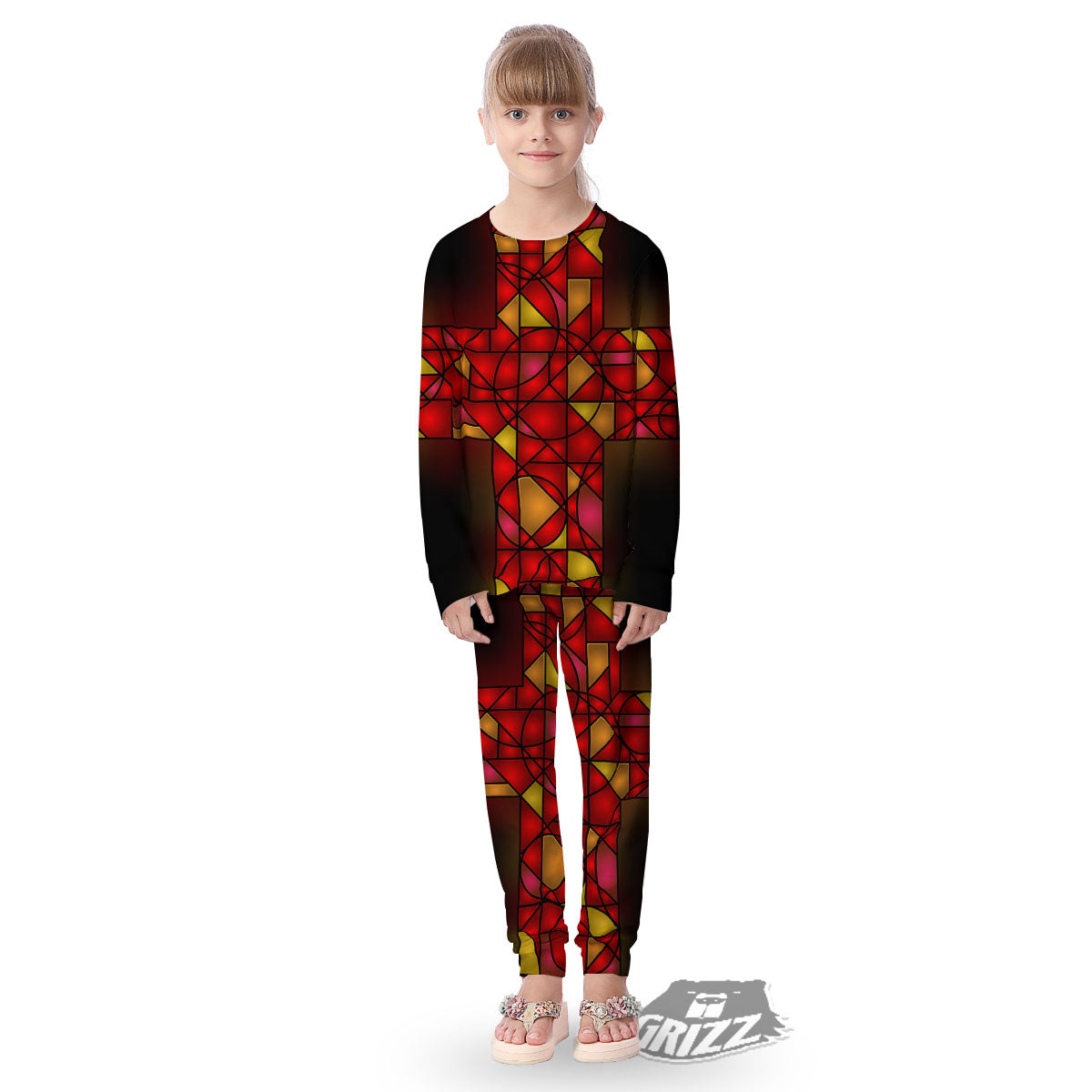 Red And Orange Cross Stained Glass Print Kid's Pajamas-grizzshop